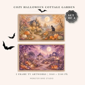 Cozy Halloween Cottage Garden Frame TV Art Set of 2, Watercolor Autumn Samsung Display Wallpaper, Whimsical Witchy Pumpkin Patch Background