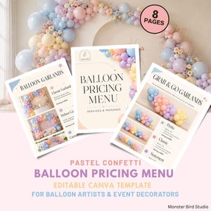 Może przedstawiać: Cyfrowy szablon cennika usług balonowych składający się z trzech stron z przykładami girland balonowych w pastelowych kolorach. Tekst zawiera Balloon Garlands, Balloon Pricing Menu oraz Grab & Go Garlands. Okrągła plakietka wskazuje 8 stron.