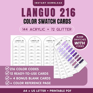 以下が含まれることがあります： LANGUO 216カラー見本カードのデジタルダウンロード。144色のアクリルと72色のグリッターオプションが含まれています。12枚のすぐに使えるカード、4枚のボーナスブランクカード、カラーリファレンスページがA4およびUSレターサイズの印刷可能なPDFとして提供されています。