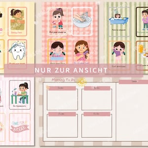 Könnte beinhalten: Eine Sammlung von druckbaren Routine-Diagrammen und Checklisten mit Cartoon-Illustrationen täglicher Aufgaben wie Zähneputzen, Anziehen und Frühstücken, inklusive Textbeschriftungen und einer Morgen-To-Do-Listen-Vorlage mit einem Sonnensymbol.
