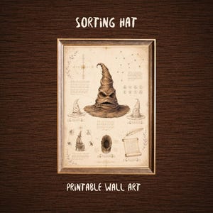 May include: A framed wall art print titled SORTING HAT, featuring a central illustration of a weathered brown pointed hat with facial features. The parchment-style background includes smaller sketches of the hat, a scroll, a quill, and text.