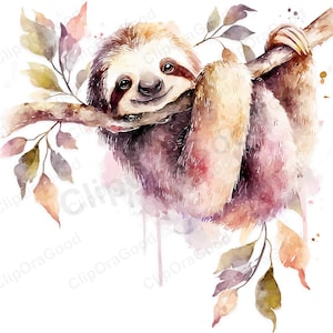 Puede incluir: Una ilustración en acuarela de un perezoso marrón colgado de una rama de árbol. El perezoso tiene manchas oscuras alrededor de los ojos y una expresión suave. La escena está decorada con hojas de tonos suaves en naranja, amarillo y morado.