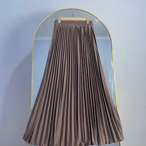 May include: A floor-length, solid brown skirt featuring a high-waisted design with a wide, elasticated waistband. The garment is constructed with vertical, sharp pleats that run from the waist down to the hem, creating a full, flared silhouette.