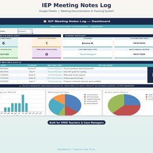 IEP Meeting Notes Log Google Sheets, Special Education Meeting Tracker, SPED Case Manager Documentation Tool