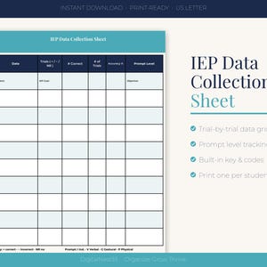 May include: An IEP Data Collection Sheet with a teal header and dark blue columns. The grid includes fields for Date, Trials, Correct, Number of Trials, Accuracy, and Prompt Level. Text includes IEP Data Collection Sheet, Trial-by-trial data grid, Prompt level tracking, Built-in key and codes, and Print one per student.