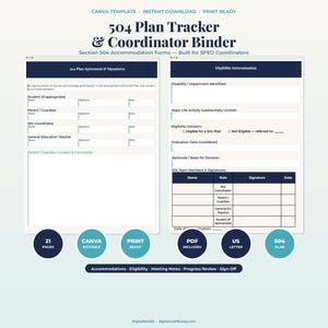504 Plan Tracker Canva — Vorlage für Anpassungen gemäß Abschnitt 504 & Formulare für SPED-Koordinatoren