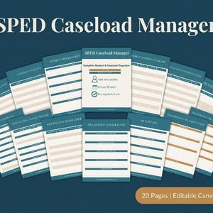 May include: A SPED Caseload Manager digital organiser featuring 20 pages of editable templates in a teal and cream colour scheme. The layout includes various trackers and forms for student profiles, IEP dates, and service logs with clear headings.