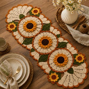 May include: A rectangular crochet table runner featuring three large central sunflower motifs with dark brown centers and golden yellow petals, surrounded by smaller sunflowers, dark green leaves, and cream-colored lace-like borders.