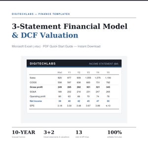 May include: A digital 3-Statement Financial Model and DCF Valuation template by Digitechlabs. The document includes an Income Statement table with historical and five-year forecast data, plus labels for 10-year forecast, 3+2 linked statements, 13 ratio lines, and 100% editable formulas.