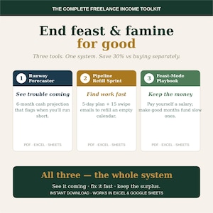 May include: A digital product graphic titled The Complete Freelance Income Toolkit. It features three sections: Runway Forecaster, Pipeline Refill Sprint, and Feast-Mode Playbook, each detailing specific financial planning tools for Excel and Google Sheets.