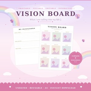 Puede incluir: Una plantilla de tablero de visión imprimible con dos páginas: una con una cuadrícula de nueve espacios para imágenes etiquetados con categorías como carrera y salud, y otra página para intenciones con líneas para metas mensuales y anuales, sobre un fondo rosa claro.