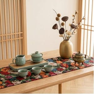 May include: A light green ceramic tea set with a pitcher, a lidded bowl, and three small cups on a rectangular tray. Beside it sits a gold-toned vase with dried lotus pods and flowers, and a small, ornate, three-legged bronze incense burner.