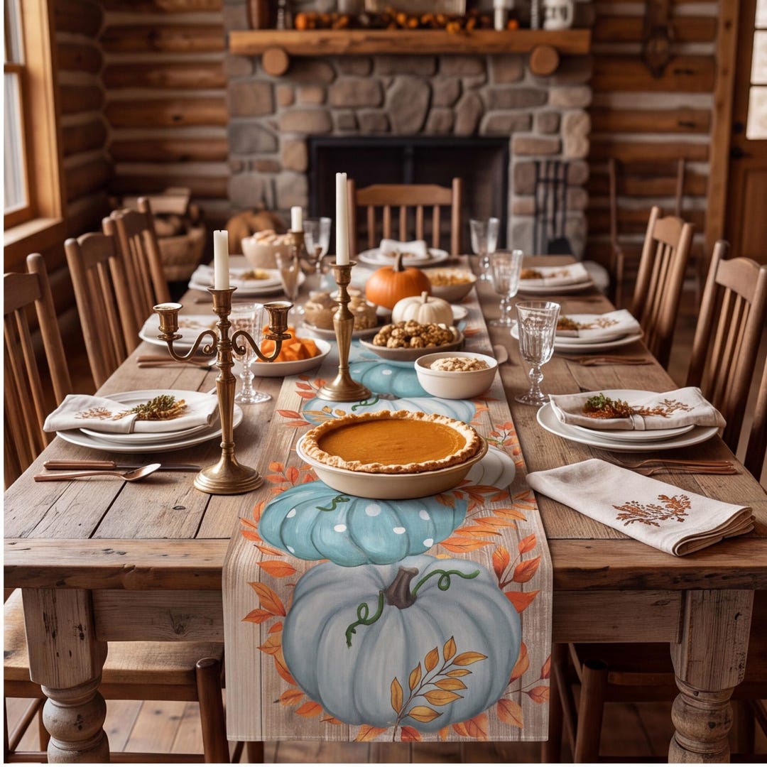 Rustic Modern Table Runner Rustic Linen Blend Autumn Table Runner Pumpkin Maple Leaf Design for ...