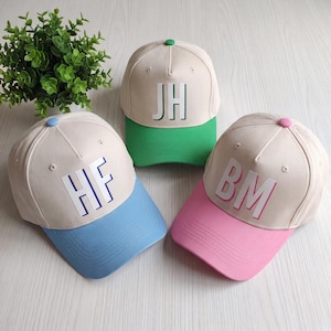 Gorra de béisbol con bloques de color personalizados, gorra con monograma personalizado, gorra vintage bicolor con inicial, gorra con letra bordada, gorra de camionero de verano para la playa.