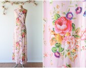 Bold Floral Print Maxi Gown - Vintage 1970 39 s Pink Floral Dress - Colorful Rose Print Sleeveless Dress with Keyhole - Size Small