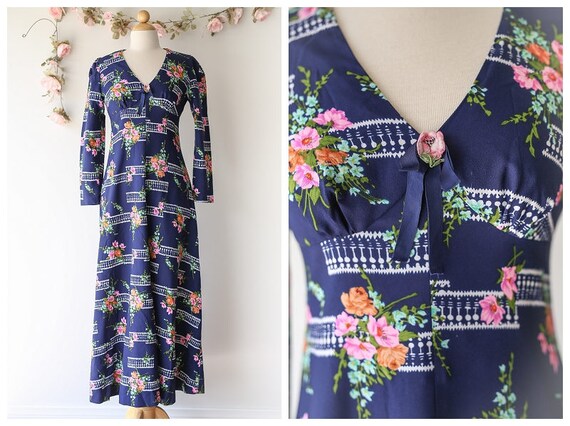 Navy Blue Long Sleeved Floral Dress - Vintage 1970