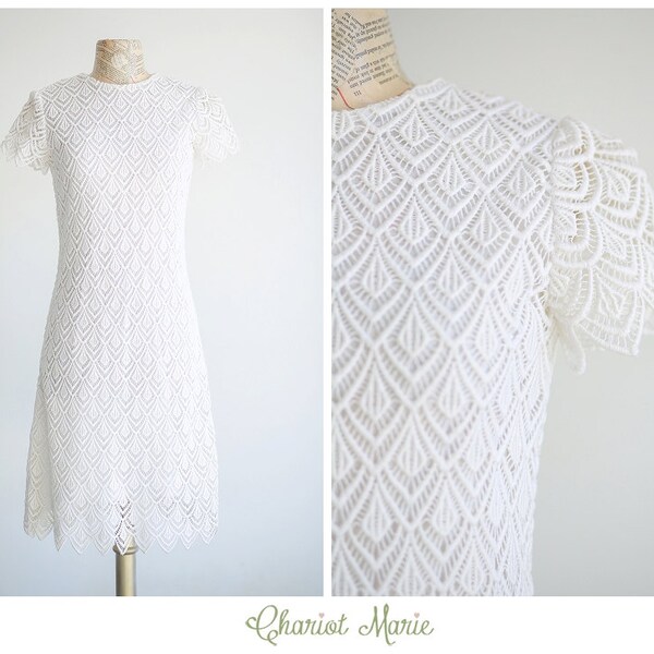 Reserv for Tuesday Phillips 1960's Mod Lace Dress - Vintage White Lace Dress - Scalloped Crochet Lace Dress by Henry's Wichita - Size Small