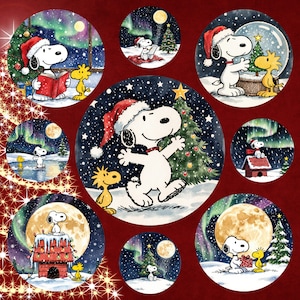May include: A collection of circular illustrations featuring Snoopy and Woodstock in various winter scenes, including decorating a Christmas tree, reading, ice skating, and sitting on a doghouse, all set against a dark red background with stars.
