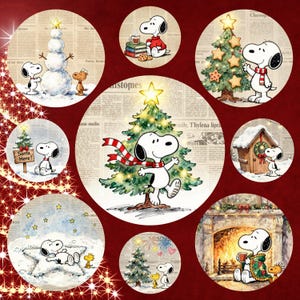 May include: A collection of circular illustrations featuring Snoopy and Woodstock in various holiday scenes, including decorating a Christmas tree, building a snowman, sitting by a fireplace, and standing near a sign that reads Santa Here.