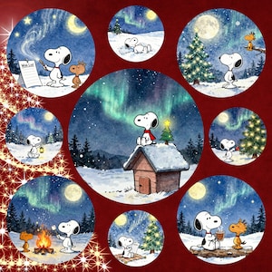 Snoopy Christmas Ornament PNG, Woodstock Northern Lights Coaster Clipart Set, Winter Moon Sublimation Design, Round Bauble Door Hanger Sign