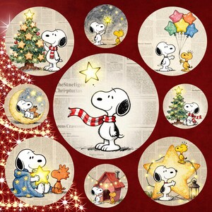May include: A collection of circular stickers featuring Snoopy and Woodstock in various holiday scenes. The characters are depicted with Christmas trees, stars, balloons, and a doghouse, all set against a vintage newspaper print background.