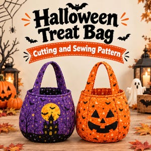 Puede incluir: Dos bolsas de tela para dulces de Halloween con asas. Una bolsa es morada con una luna amarilla, una casa encantada negra y murciélagos. La otra es naranja con una cara de calabaza negra y murciélagos. Texto: Halloween Treat Bag Cutting and Sewing Pattern.