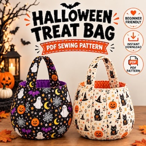 Puede incluir: Dos bolsas de tela para dulces de Halloween con asas. Una bolsa es negra con fantasmas blancos, calabazas naranjas, lunas amarillas y telarañas. La otra es crema con gatos negros, calabazas y sombreros de bruja. Texto: HALLOWEEN TREAT BAG PDF SEWING PATTERN.