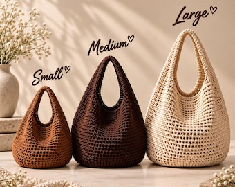 May include: Three crochet bags in small, medium, and large sizes. The small bag is rust-colored, the medium bag is dark brown, and the large bag is cream-colored. Each bag features a single integrated handle and the text Small, Medium, and Large.