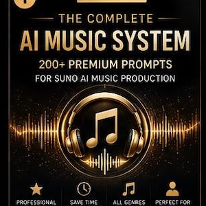 May include: A black digital graphic featuring gold text that reads THE COMPLETE AI MUSIC SYSTEM 200+ PREMIUM PROMPTS FOR SUNO AI MUSIC PRODUCTION. A gold circular emblem contains a pair of headphones and a musical note icon with sound waves.