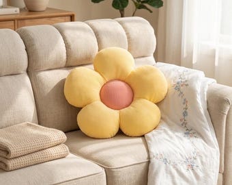 Handgefertigtes Kissen mit Sonnenblumen- und Gänseblümchenblumenmuster, Baumwollkissen für Sofa und Kinderzimmer