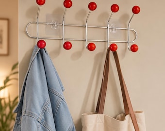 Mid-Century Chrome Coat Rack – Red Ball Hooks, Retro Entryway Organizer ,Wall hooks