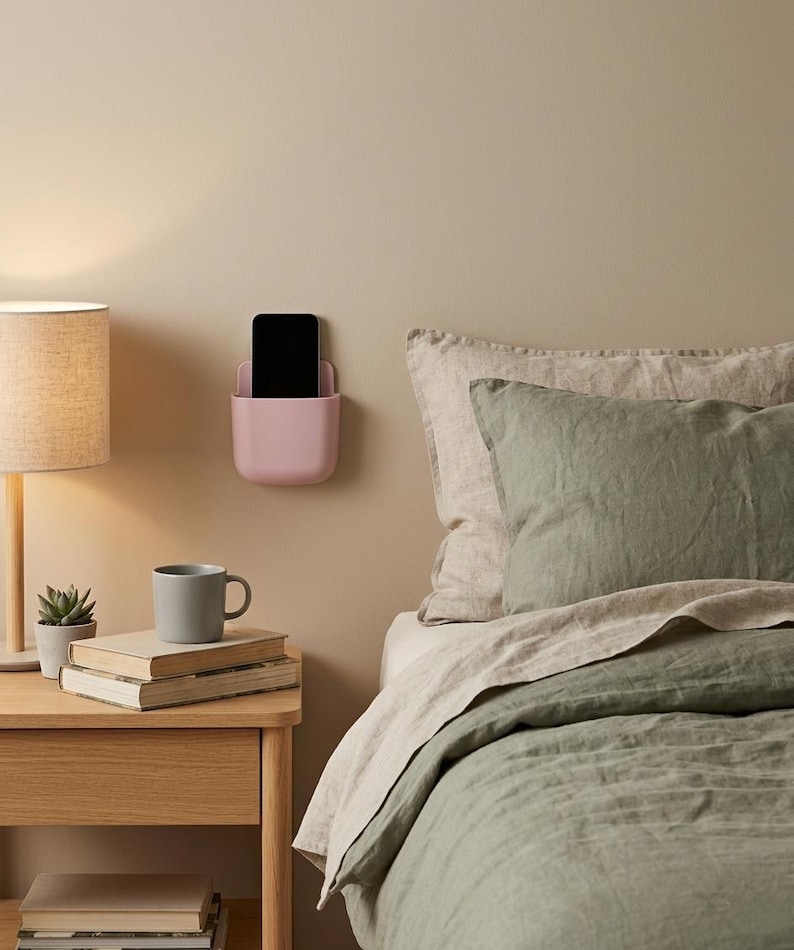 May include: A matte light pink wall-mounted storage pocket holding a black smartphone. The rectangular container features rounded corners and a smooth finish, designed to be attached to a flat vertical surface for holding small electronic devices.
