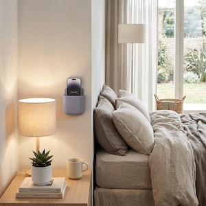 May include: A matte light grey wall-mounted storage pocket holding a dark-coloured smartphone. The rectangular holder features a smooth, curved bottom and is attached to a vertical wall surface, providing a compact solution for device storage.