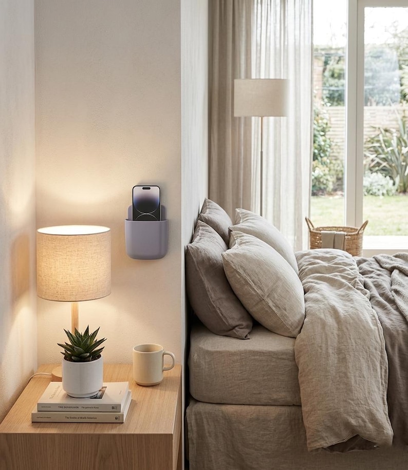 May include: A matte light grey wall-mounted storage pocket holding a dark-coloured smartphone. The rectangular holder features a smooth, curved bottom and is attached to a vertical wall surface, providing a compact solution for device storage.