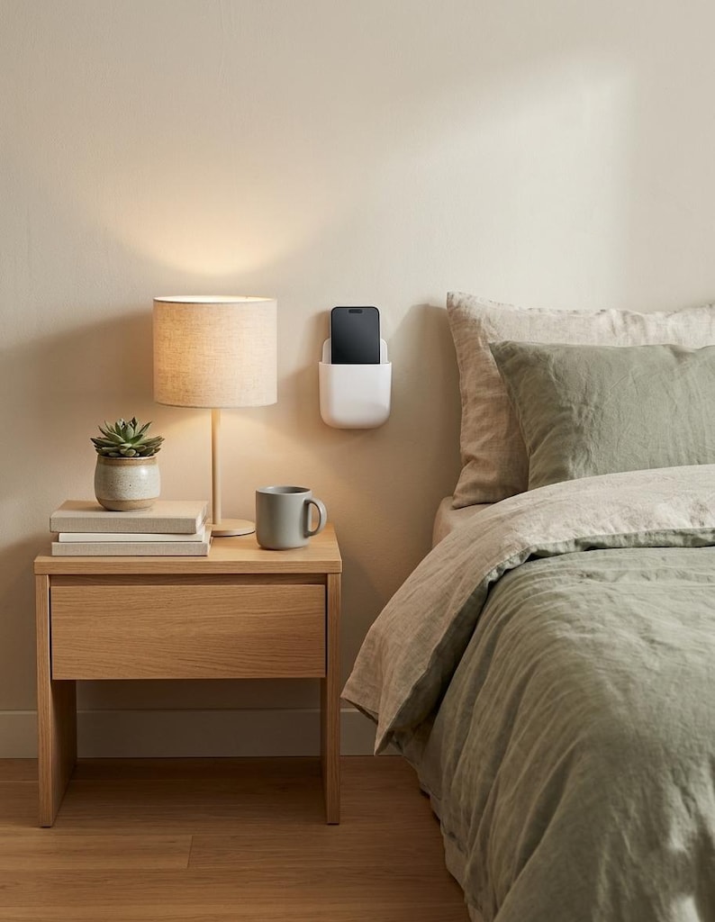 May include: A white wall-mounted phone holder with a rectangular pocket design, securely attached to a neutral-coloured wall above a wooden nightstand. The holder contains a black smartphone, positioned vertically within the storage compartment.