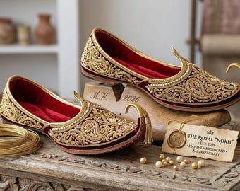 Zapatos de boda tradicionales Salim Shahi para hombre, modelo Nokh Groom Khussa, elaborados con bordados Tilla y Zardozi.