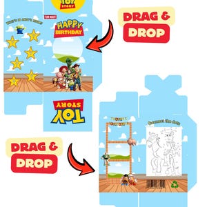Op de afbeelding: Een printbaar doos-sjabloon met Toy Story-thema, voorzien van lichtblauwe panelen met afbeeldingen van personages zoals Woody, Buzz Lightyear en Rex. Het ontwerp bevat een 'Happy Birthday'-sectie, een 'What's in Andy's Room?'-spel en een verbind-de-punten-activiteit.