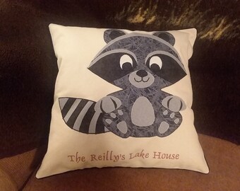 Welcome to the Lake House Raccoon Applique Personalized Pillow