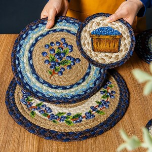 Embroidered Jute Trivet, Round Floral Table Mat for Boho Kitchen Decor