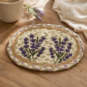 Blueberry Embroidered Jute Table Mat, Oval Woven Trivet for Cottagecore Kitchen Decor