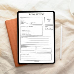 Peut inclure: Une tablette numérique affichant un modèle de critique littéraire avec des sections pour le titre, l'auteur, le genre, les dates, la série, les notes, les sentiments, le résumé, les moments forts et faibles, et les citations, avec un stylet blanc.