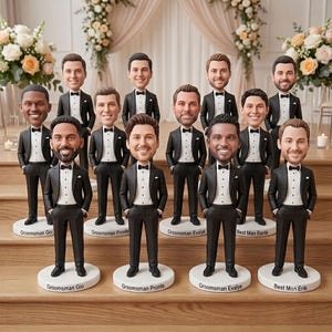 May include: A collection of ten custom bobblehead figurines depicting individuals in black tuxedos with white shirts and black bow ties. Each figurine stands on a circular white base with a name and title printed in black text on the front.