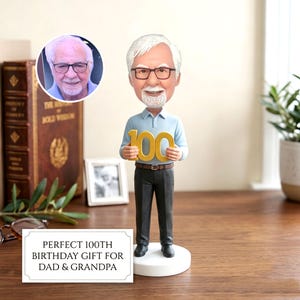 Custom 40th/50th/60th/70th/80th/90th/100th Birthday Bobblehead - Personalized Grandfather Figurine Holding 100, Centenarian Milestone Gift