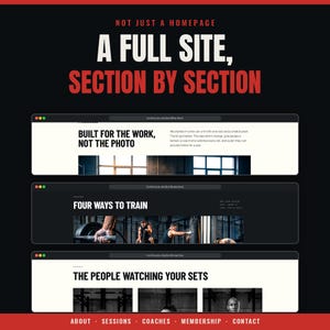 May include: A digital display showing three stacked browser windows on a black background. The top text reads NOT JUST A HOMEPAGE A FULL SITE, SECTION BY SECTION. The windows feature website sections titled BUILT FOR THE WORK, NOT THE PHOTO, FOUR WAYS TO TRAIN, and THE PEOPLE WATCHING YOUR SETS, with navigation links at the bottom.