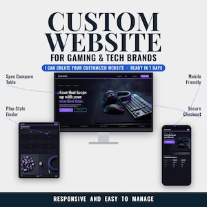 Op de afbeelding: Een digitale weergave van een aangepaste website voor gaming- en tech-merken op een monitor, tablet en smartphone. De interface bevat donkere thema's, paarse accenten en de tekst "Gear that keeps up with your reaction time."