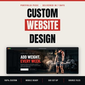 May include: A digital graphic showcasing custom website design services. The top text reads PORTFOLIO PIECE, DELIVERED IN 7 DAYS, CUSTOM WEBSITE DESIGN. Below, a browser window displays a gym website with the text ADD WEIGHT. EVERY WEEK.
