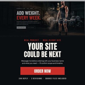 May include: A digital advertisement featuring a person lifting a heavy barbell with text that reads: ADD WEIGHT. EVERY WEEK. REAL PROJECT. REAL CLIENT SITE. YOUR SITE COULD BE NEXT. Message me before ordering with your business name and what you need. ORDER NOW.