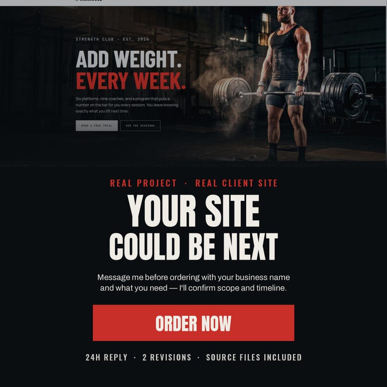 May include: A digital advertisement featuring a person lifting a heavy barbell with text that reads: ADD WEIGHT. EVERY WEEK. REAL PROJECT. REAL CLIENT SITE. YOUR SITE COULD BE NEXT. Message me before ordering with your business name and what you need. ORDER NOW.