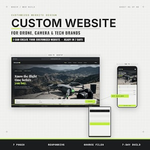 May include: A digital presentation of a custom website design for drone and camera brands. The layout displays a desktop view at 1440 px, a mobile view at 390 px, and a tablet interface. Text includes Custom Website, Know the flight time before you buy.