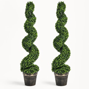 May include: A pair of artificial topiary trees featuring dense green foliage shaped into a tall, continuous spiral design. Each tree is housed in a dark, weathered-finish cylindrical pot with a tapered base, standing upright against a white background.